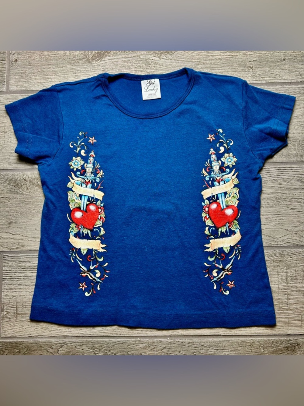 Get Lucky Baby Tee with Red Heart & Banner Graphics